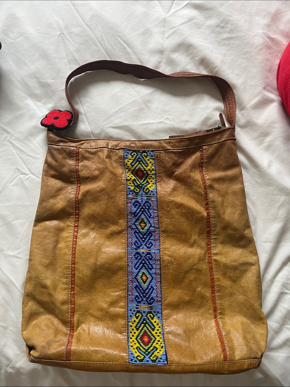 Handcrafted Brown REAL Leather Shoulder Bag with Blue Beaded Accent